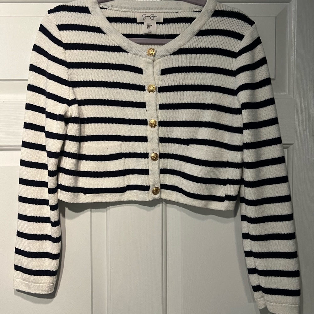 NBW Striped Navy and Cream Cardigan with Gold Buttons